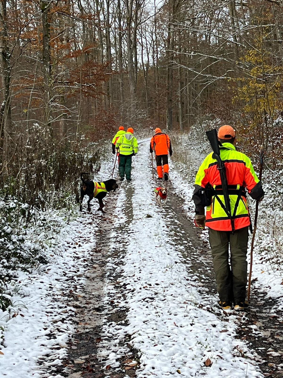 Hundeführer und Treiber bei der Drückjagd im verschneiten Wald